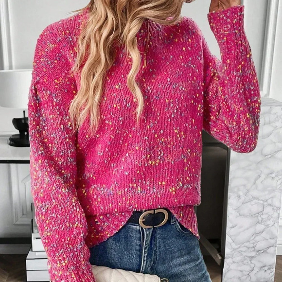 Hot Pink Casual Womens Space Dye Drop Shoulder Sweater - Picture 5 of 5